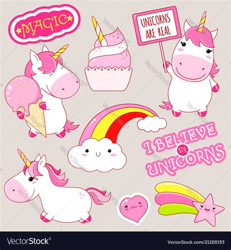 Set Of Cute Unicorns Stickers In Kawaii Style Vector Image
