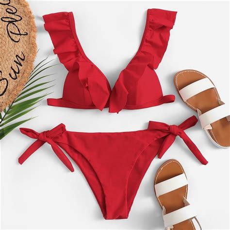 Red Solid Ruffle Triangle Plunge Neck Top With Tie Side Bottom Bikini