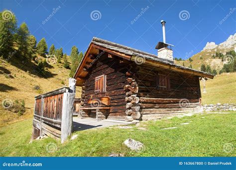 Small Wooden Cabin On Alps Dolomites Mountains Stock Photo Image Of