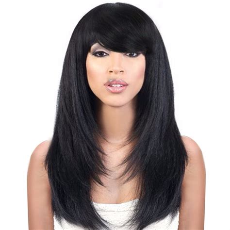 Deyngs Yaki Straight Synthetic Bob Cut Wigs With Bangs Black Wig For Women Heat Resistant