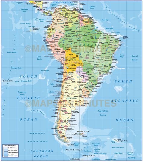 Digital Vector South America Political Map With Sea Contours