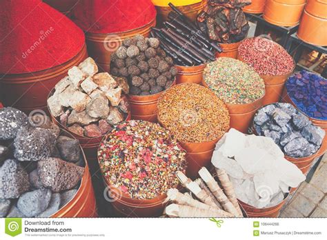 Selection Of Spices On A Traditional Moroccan Market Souk In M Stock