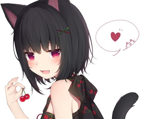 Amashiro Natsuki Animal Ears Black Hair Bow Catgirl Cherry Close