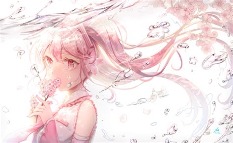 Bubbles Flowers Hatsune Miku Long Hair Petals Pink Eyes Pink Hair