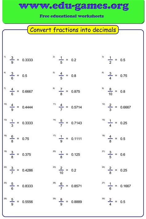 Convert Fraction To Decimal Worksheet With Answers