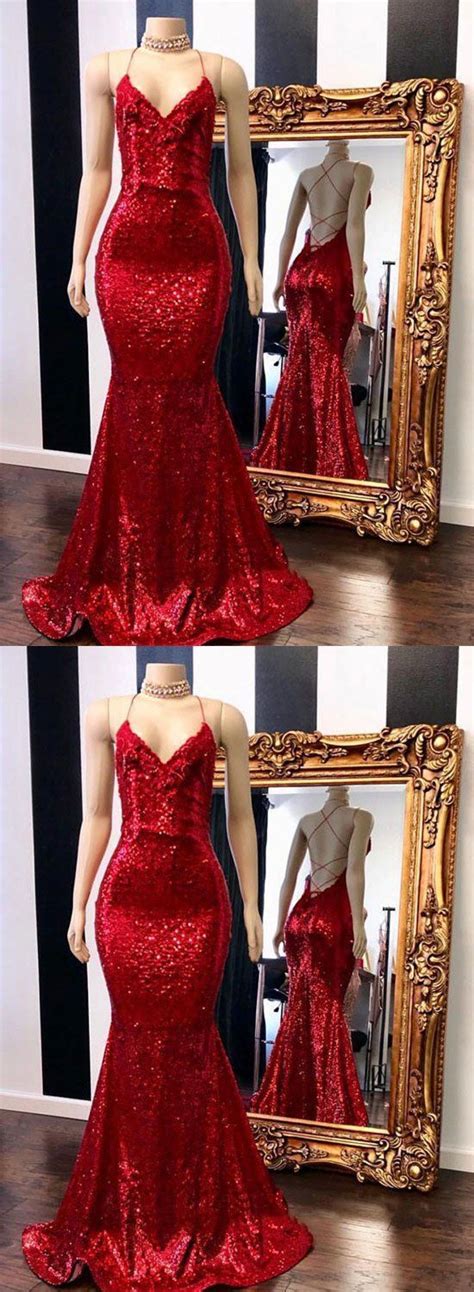 Red V Neck Sequins Long Prom Dress Mermaid Sparkledress Red Prom