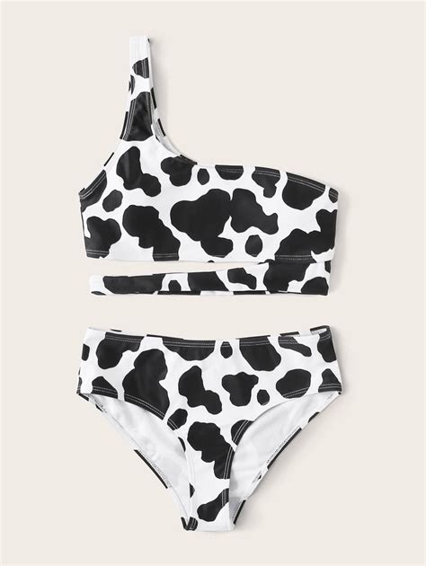 Cow Print One Shoulder Bikini Swimsuit Romwe Cow Outfits Print