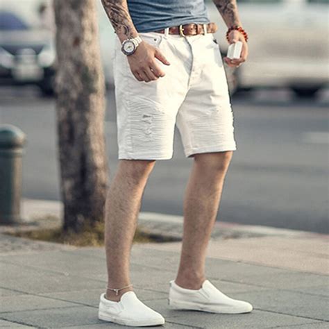 2018 Mens Summer Fashion Italian Style White Denim Shorts Micro Elastic