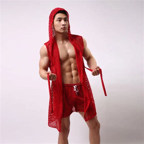 Sexy Robes For Men Summer Elastic Nylon Mesh Robe Men With A Hood