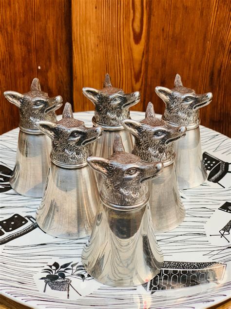 Silver Plated Fox Head Stirrup Parting Cups Set 6 Vintage Italian Made 2oz Shot Metal