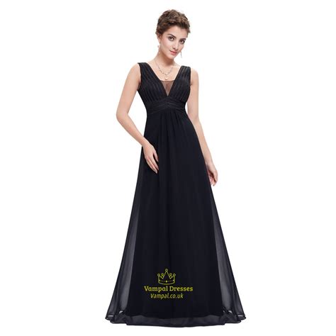 Black Chiffon Floor Length Sleeveless V Neck Empire Waist Prom Dress Vampal Dresses