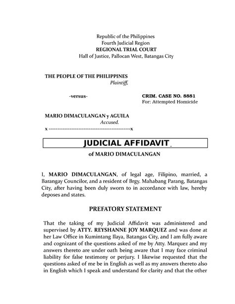 Judicial Affidavit Sample Affidavit Justice Gambaran