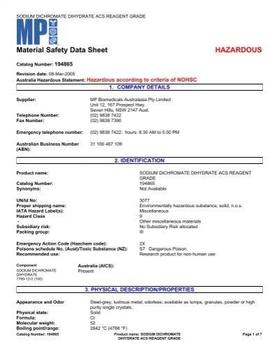Material Safety Data Sheet HAZARDOUS MP Biomedicals