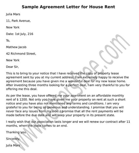 Agreement Letter For House Rent Sample Rental Agreement Letter