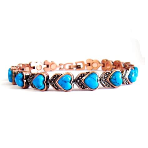 Turquoise Hearts Magnetic Copper Bracelet For Women With Magnets On