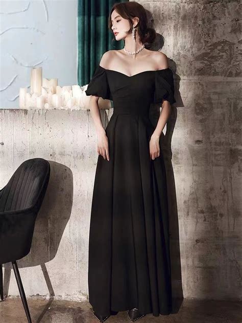 Off Shoulder Party Dress Black Evening Dress Custom Made Simple Long Black Dress Black Off