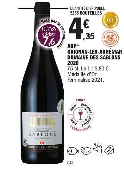 Promo Aop Grignan les adhémar Domaine Des Sablons 2020 chez E Leclerc