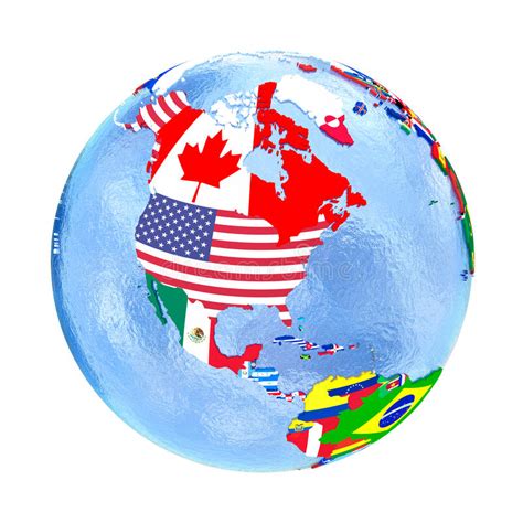 North America On Political Globe With Flags Isolated On White Stock