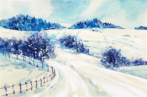 Aquarela Paisagem De Inverno Vetor Premium