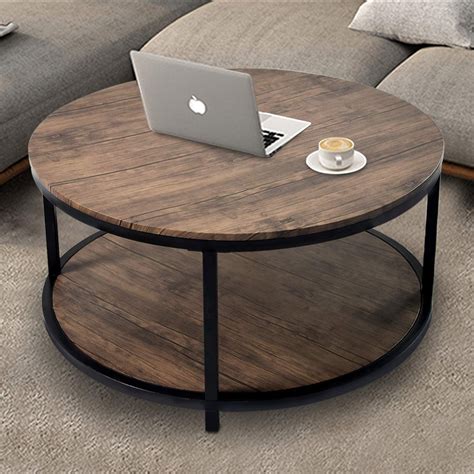 36”round Coffee Table Rustic Wooden Surface Top And Sturdy Metal Legs