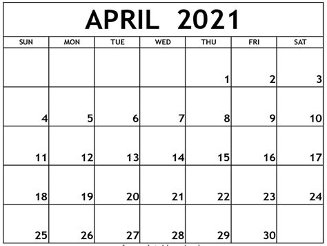Blank April Calendar 2021 Printable Template Editable Designs
