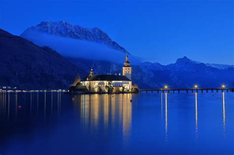 Gmunden Austria Lake Water Mountains Snow Night Sunset Church
