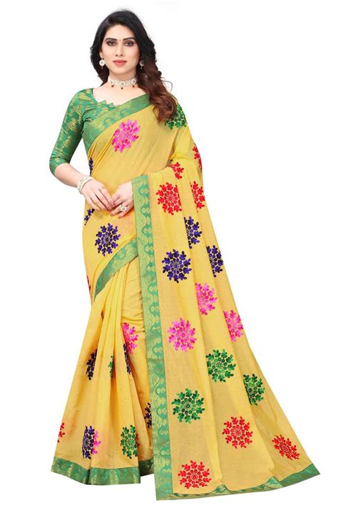 Chanderi Cotton Yellow And Green Color Ari Embroidery Work Saree With