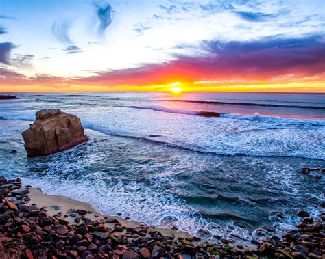 San Diego California Sunset Coast Stones Sandy Beach Ocean Waves Orange