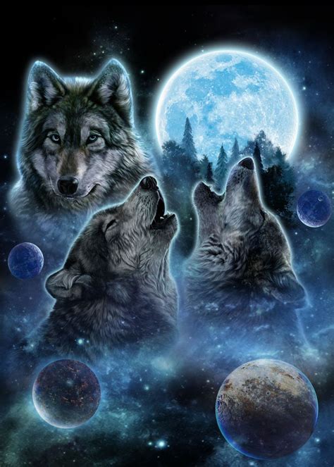 Three Wolves And Full Moon Poster By Fox Republic Displate