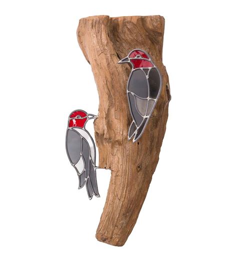 Stained Glass Woodpeckers On Natural Teak Wood Wall Art Wind And Weather