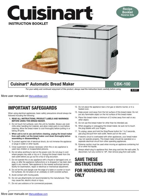 Our system has returned the following pages from the cuisinart cbk 100 data. Cuisinart CBK-100 | Breads | Dough