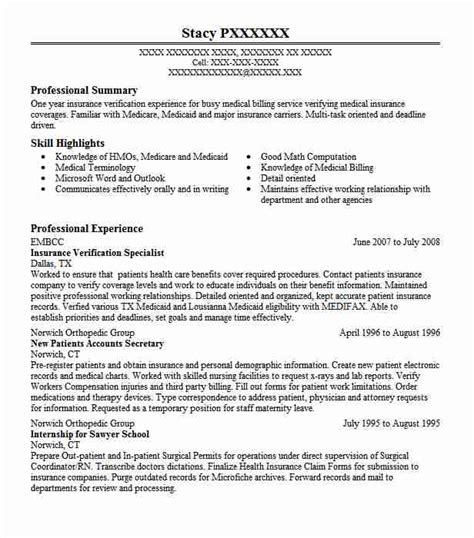Insurance Verification Specialist Resume Sample | LiveCareer