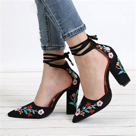 High Heels Plus Size Embroidery Pumps Flower Ankle Strap
