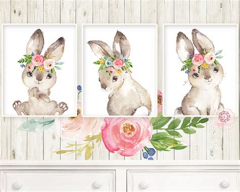 3 Boho Bunny Rabbit Wall Art Print Woodland Nursery Baby Girl Room Flo