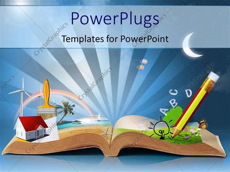 Powerpoint Template Magical Book With Pencil Alphabets A House Model