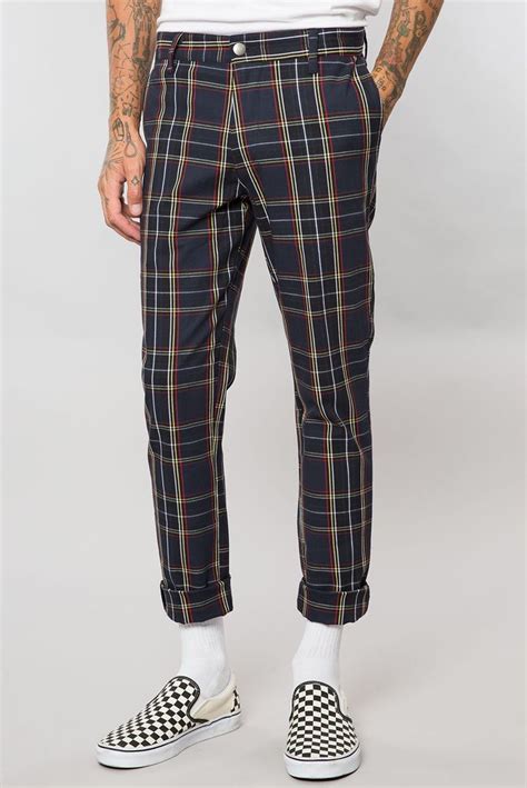 Navy Tartan Plaid Slim Fit Mens Tapered Pant Elwood Clothing Pants