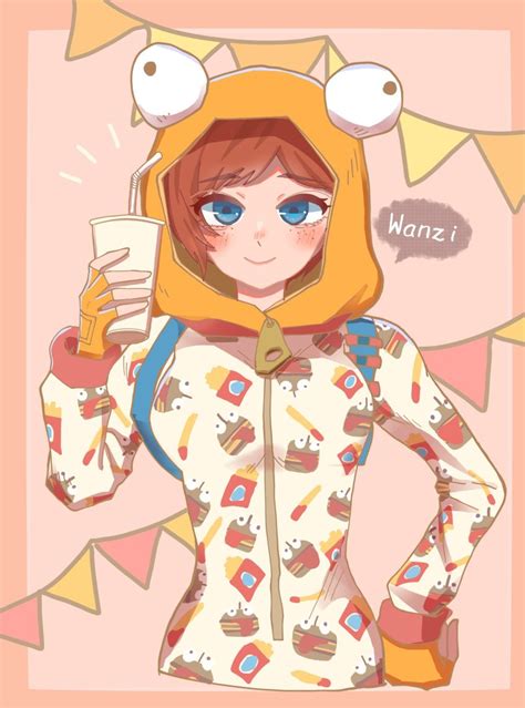 onesie fortnite fortnite highres 1girl blue eyes blush brown hair burger costume durr