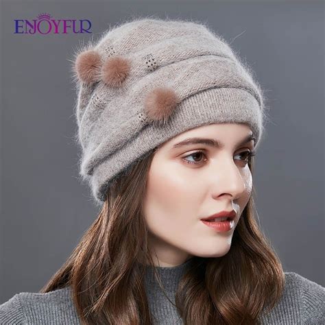 Enjoyfur Cashmere Pompom Women Winter Hats Caps Stripe Knitted Hat