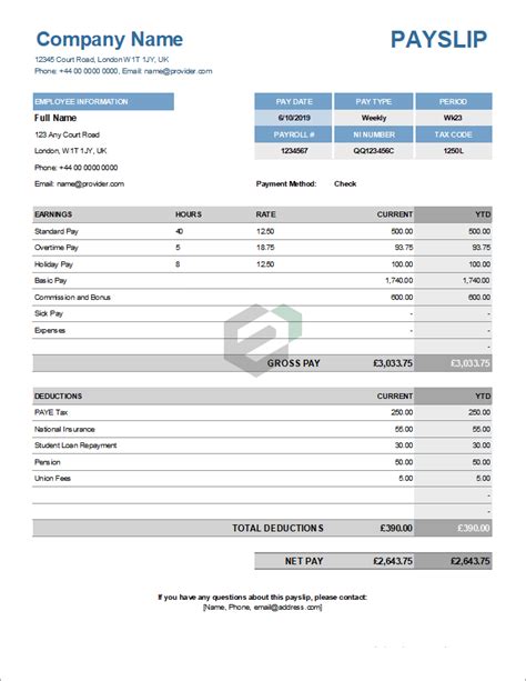 Employee Payslip Paycheck Free Excel Customizable Template