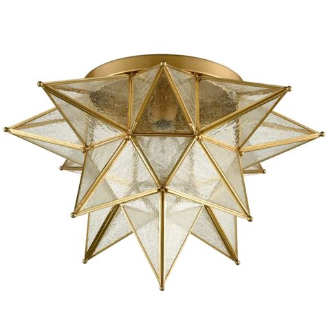 Brass Moravian Star Ceiling Light With Seeded Glass 18 Inch Claxy