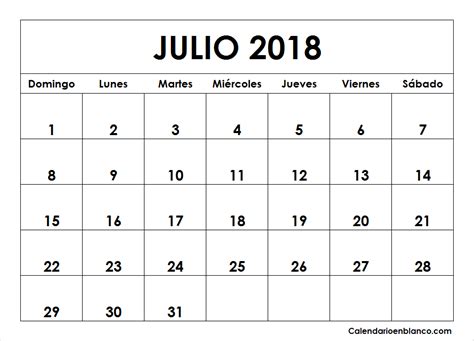 Calendario Julio 2018 Para Imprimir Calendario Julio 2018 Calendario
