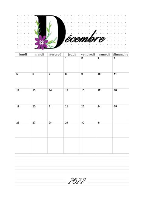 Calendrier Décembre 2022 à Imprimer Avec Une Lettre Fleurie Format