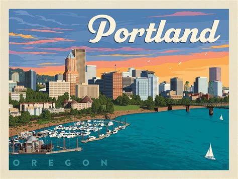 Portland Oregon Waterfont Skyline Vintage Travel Posters Travel