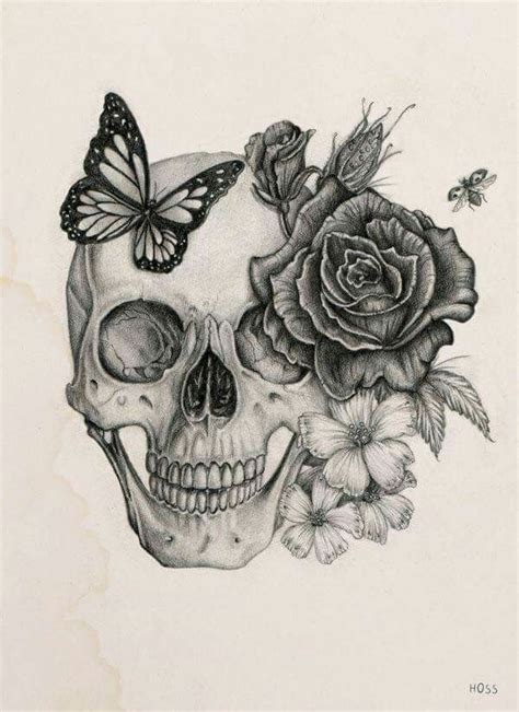 Skulls And Skeletons Skull With Flowers And Butterfly Sleeve