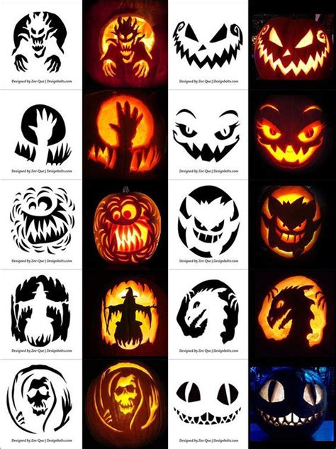 Pumpkins With Faces Carved Into Them All Lit Up In Different Colors