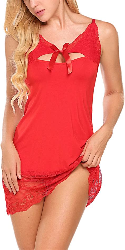 Adome Sexy Lingerie Full Slips Women Chemise Sleepwear Lace Dress Red Small At Amazon Womens