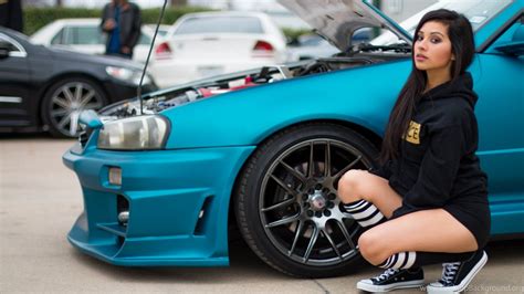 Girl Next To Blue Modified Car Hd Wallpapers For Your Pc Mac Or