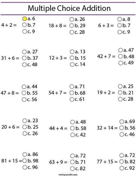 Multiple Choice Addition And Subtraction Worksheets