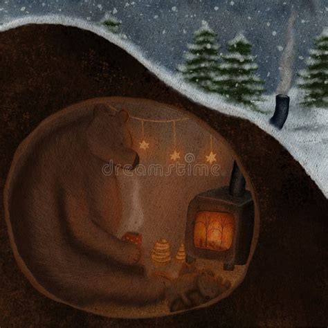 Sleeping Bear In The Burrow Winter Forest Trees Snow Is Falling