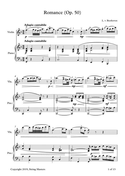 beethoven two romances op 50 violin and piano by ludwig van beethoven violin digital sheet